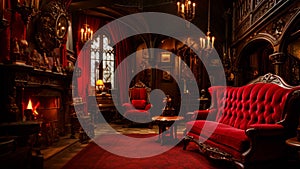 A cozy red couch enhances the living room ambiance next to a warm fireplace, Vampire Dracula castle interior, victorian red