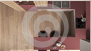Cozy red and wooden kitchen in modern apartment, dining table, chairs. Sink, induction hob with pot, breakfast with cookies and