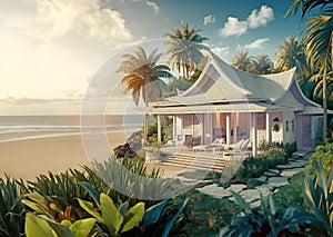 cozy resort bungalow, nestled on a island at sunrise. travel and relax concept. Ai generated