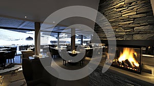 Cozy Restaurant Fireplace, Mountain View, Winter Dining