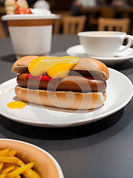 Cozy restaurant realistic hot dog high detail.