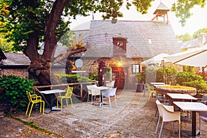 Cozy restaurant terrace in the city of Pont-Aven, France