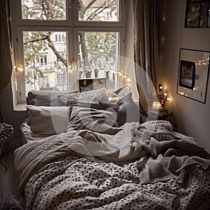 Â Cozy bed with monochrome bedding.