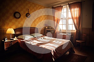 cozy retro room, with sunbeam shining through the window, onto the bed