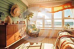 cozy retro room with view of the beach, sun shining on the waves