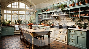 Cozy Retro Styled Kitchen Interior Design with Brick Floor, Wooden Table, and Abundant Plant Decor