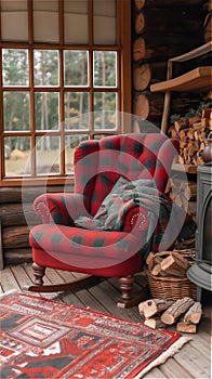 A cozy rocking chair upholstered in red checkered fabric and plaid in the atmosphere of a country house.