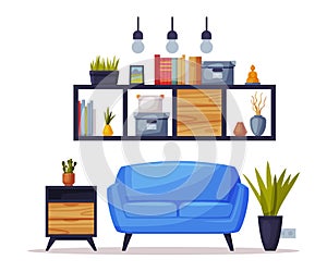 Cozy Room, Comfy Furniture and Home Decoration Accessories in Trendy Style Vector Illustration on White Background