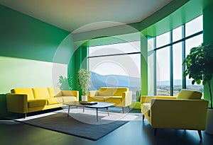 cozy room in the house, cheerful style, room decoration in yellow and green tones, modern and minimalist apartment design,