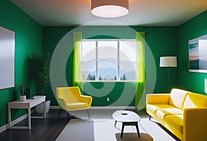 cozy room in the house, cheerful style, room decoration in yellow and green tones, modern and minimalist apartment design,