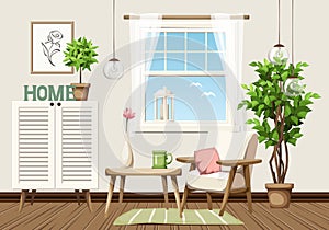 Cozy room interior with an armchair, a cabinet, a window, and a ficus tree. Cartoon vector illustration