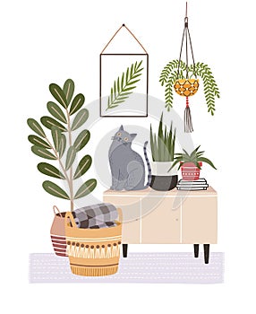 Cozy room interior with cat sitting on cupboard or sideboard, houseplants in pots, wall picture, basket. Composition