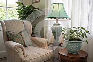 Armchair and potted plant with mint lampshade photo