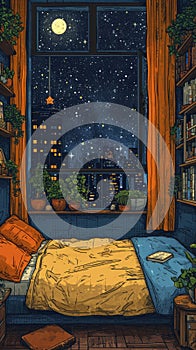 Cozy room with night city outside the window