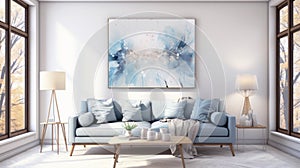 Cozy room with a sofa, pieces of furniture in cold light blue and white tones, a painting on the wall, minimal design interior.