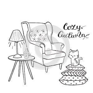 Cozy room, tea time Vector outlined set. Cozy home things like tea, cat, chair, pillows, books, apple pie and other Danish happine
