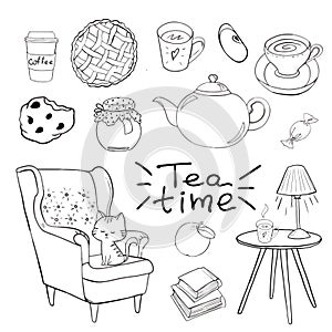 Cozy room, tea time Vector outlined set. Cozy home things like tea, cat, chair, pillows, books, apple pie and other Danish happine