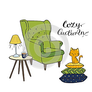 Cozy room, tea time Vector set. Cozy home things like tea, cat, chair, pillows, books, apple pie and other Danish happiness concep