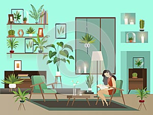 Cozy room. Vector night living room with lone reading woman and urban garden