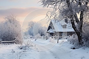 Cozy Rural winter landscape village house. Generate Ai