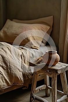 Cozy rustic bedroom corner with natural pottery. Ideal for home decor themes.- AI Generated