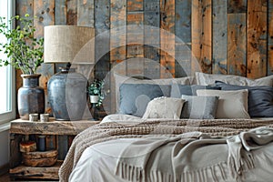 Cozy rustic bedroom interior with textured wood wall and soft bedding