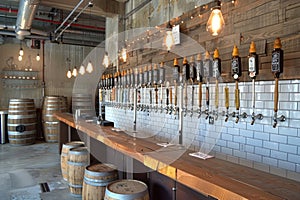 Cozy Rustic Brewery Interior with Wooden Bar, Beer Taps, and Barrel Decor