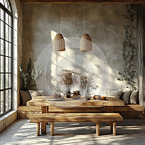 Rustic Dining Room with Warm Wood Tones and Natural Textures photo