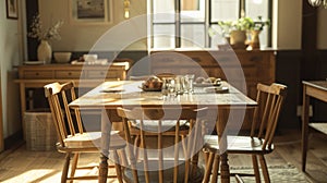 Cozy rustic dining room with sunlight. photo