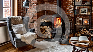 Cozy Rustic Interior Design with a Warm Fireplace and Vintage Decor. A Comfortable Home Setting with a Relaxing