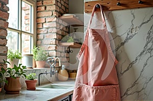Cozy rustic kitchen with pink apron and indoor plants near bright window