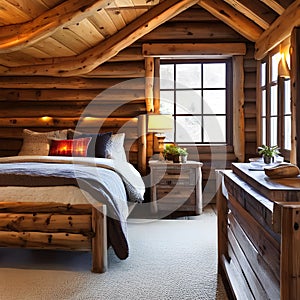 A cozy and rustic log cabin bedroom with a log bed frame, exposed beams, and plaid bedding2