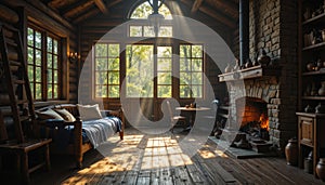 Cozy Rustic Log Cabin Interior with Sunlight and Fireplace