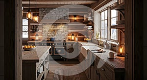 Cozy Rustic Log Cabin Kitchen in Winter