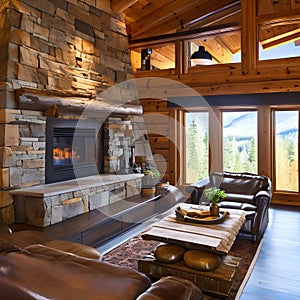 A cozy and rustic log cabin living room with a stone fireplace, log beams, and plaid upholstery1