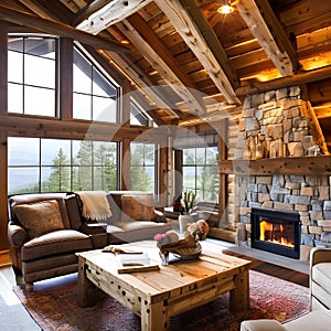 A cozy and rustic log cabin living room with a stone fireplace, log beams, and plaid upholstery2