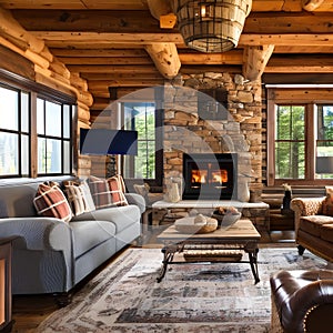 A cozy and rustic log cabin living room with a stone fireplace, log beams, and plaid upholstery3