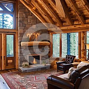 A cozy and rustic log cabin living room with a stone fireplace, log beams, and plaid upholstery4
