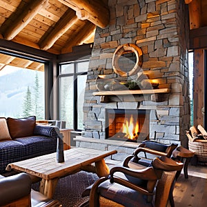 A cozy and rustic log cabin living room with a stone fireplace, log beams, and plaid upholstery5