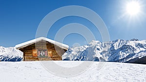 Cozy rustic ski hut in the austrian alps photo