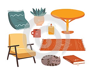 Cozy scandi interior set. Home iterior constuctor. Flat vector object illustration.