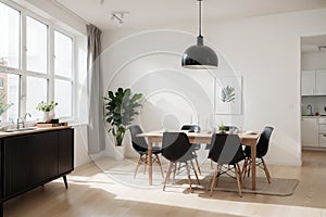 Cozy Scandinavian home living room with kitchen interior design with empty mockup space on white wall. couch, dining table, and ho