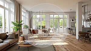 Cozy scandinavian open space with dining, living room and kitchen with design sofa. AI Generative
