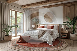 Cozy Scandinavian style bedroom with natural wood and warm textiles