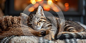 A cozy scene Cute kitten snuggled up by the fire. Concept Cozy Photoshoot, Cute Kitten, Snuggled, Fire, Home Setting