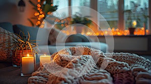 A cozy scene embodies the essence of home comfort, with warm lighting and soft furnishings invi