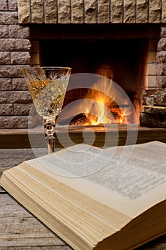 Cozy scene before fireplace with glass of wine and book