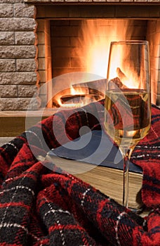 Cozy scene before fireplace with glass of wine, book and wool warm scarf