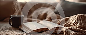The cozy scene of an open book and steaming coffee cup..AI generated image