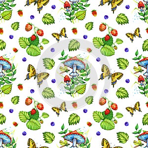 Cozy seamless background with hand-drawn forest plants, mushrooms, leaves, butterflies, berries. Pattern for creating